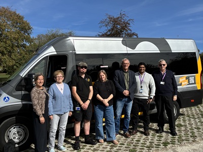Nicole Smith, Community Engagement Officer at The Voluntary Network, Marie Wheeler who uses the Connecting Communities bus service, driver James Roberts, Caroline Wilson, Managing Director of The Voluntary Network, Cllr Cliff Waterman, Leader of West Suffolk Council, Cllr Indy Wijenayaka, Cabinet Member for Growth at West Suffolk Council, and Cllr Andrew Smith who  chaired a Rural Bus Services Review group with the new bus which is serving the villages in the Haverhill area icon