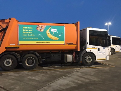 Waste and recycling vehicles in Suffolk are now displaying new artwork to help deliver the food savvy message and cut food waste across the county. This one shows a message about how to avoid throwing away bananas.