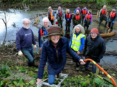 The River Lark Catchment Partnership and Cllr Susan Glossop at work at Fullers Mill Garden in West Stow
